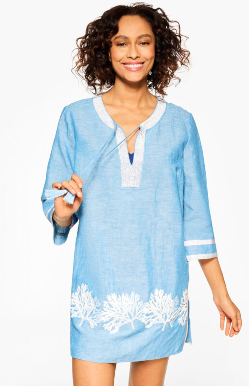 Talbots Womens M Blue White Linen Beaded Coral Cover Up Dress Boho Beach NEW